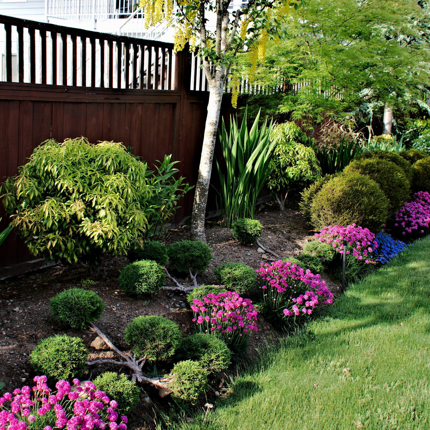 A flowerbed sandwiched between a green grass area of lawn and a brown colored wooden fence consisting of a blend of bushes and flowers in bloom as well as trees in a formal setting.